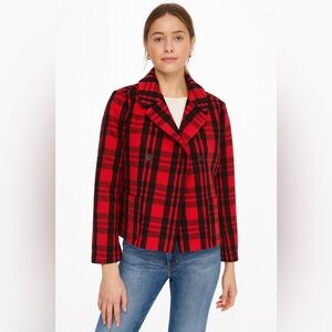 Kate Spade Saturday Red Plaid Buffalo Scotch Wool Peacoat Jacket size Small‎